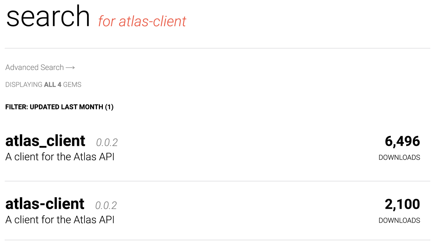 Download count of typo-squatted gem “atlas-client”, and legit one “atlas_client”