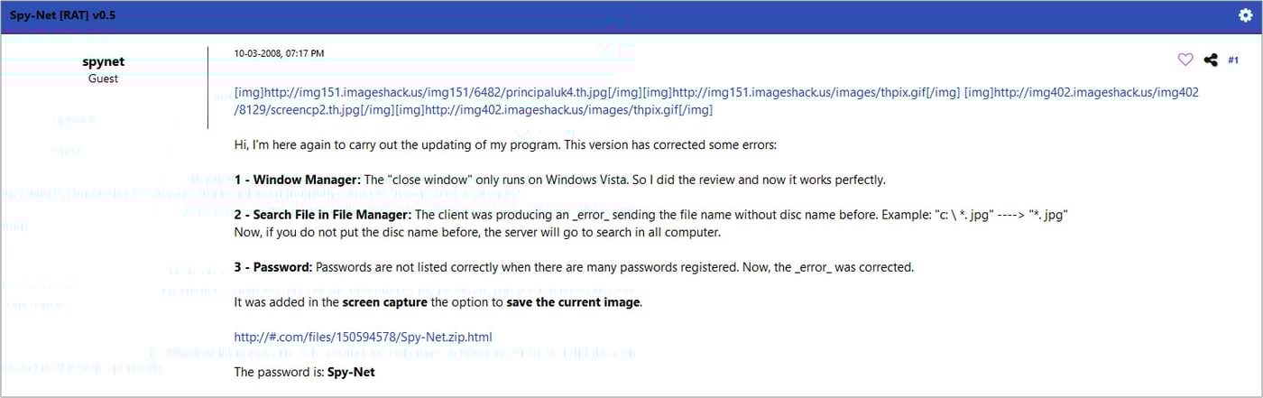 The original post on the HackForums board for the release of the 0.5 version of SpyNet