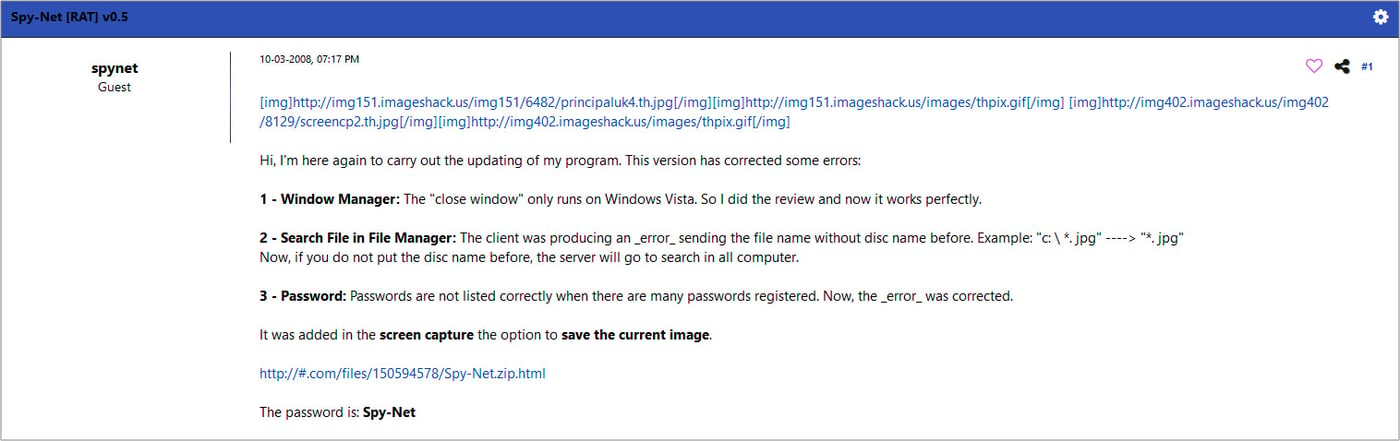 The original post on the HackForums board for the release of the 0.5 version of SpyNet 