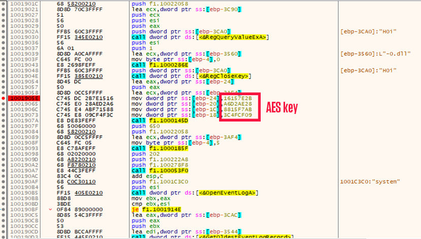 Loading of AES decryption key in previously decrypted layer of code